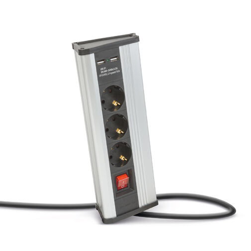 20483S • Sarokelosztó - kapcsolós - 3 x 250V, 16A - 2 x USB, 2,1A - alumínium ház