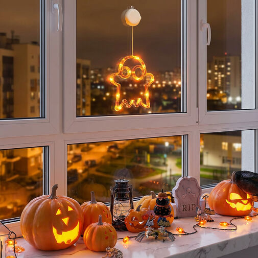 56588A • Halloween-i világító dekoráció - szellem - tapadókorongos - 12 LED - 20 x 18,5 cm - 3 x AAA