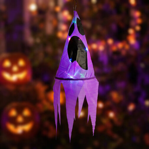 56598A • Halloween-i világító dekoráció - szellem - lila - 10 színes LED - akasztható - 2 x 2032 - 75x20 cm