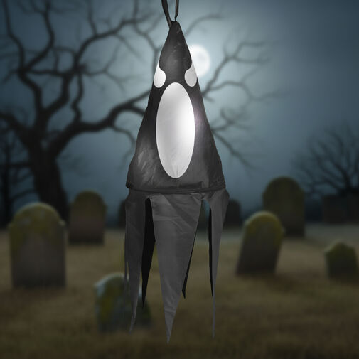 56598C • Halloween-i világító dekoráció - szellem - fekete - 10 színes LED - akasztható - 2 x 2032 - 75x20 cm