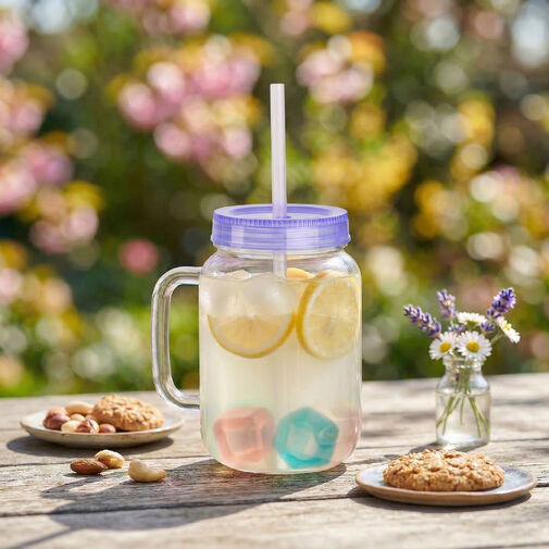 57160S • Szívószálas pohár - lila - 4 db hűthető jégkockával, 550ml,  17 x 7.5 x 13.5 cm