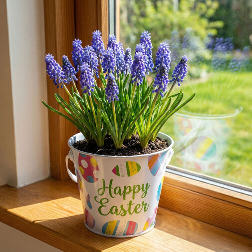 57973 • Húsvéti mintás kaspó / vödör - fém - szalagos fogantyú - Ø11,7 x 10 cm