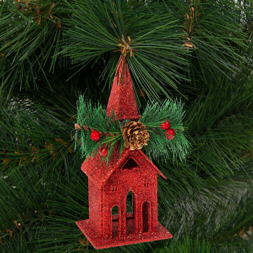 58677A • Karácsonyi glitteres templom akasztóval - 16 x 6,5 cm - piros