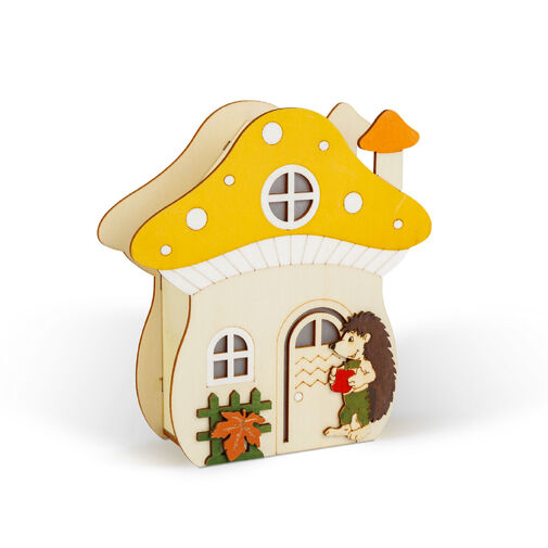 59012A • Világító dekoráció - gomba ház sünivel - 15 x 16 x 5 cm - fából