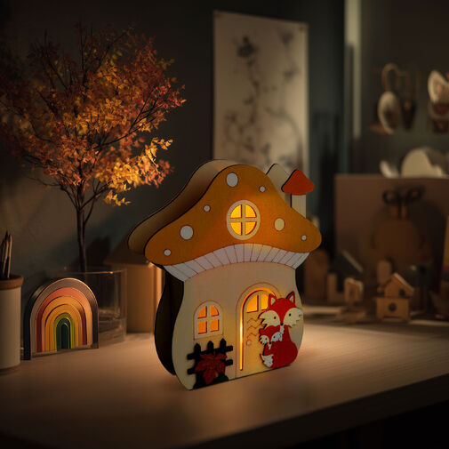 59012B • Világító dekoráció - gomba ház rókával - 15 x 16 x 5 cm - fából