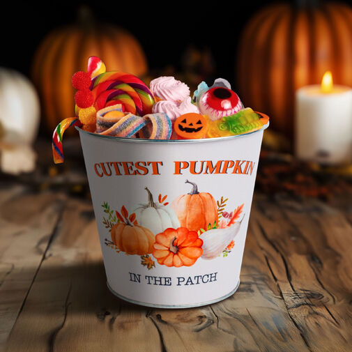 59033A • Őszi dekoráció - fém kaspó, vödör - tökös - 15 x 13,7 cm