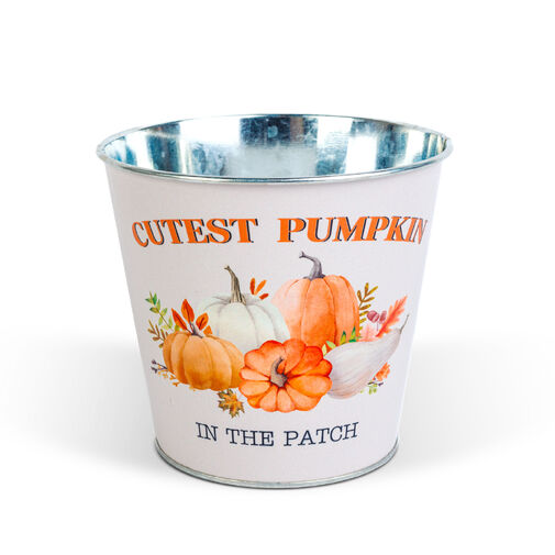 59033A • Őszi dekoráció - fém kaspó, vödör - tökös - 15 x 13,7 cm