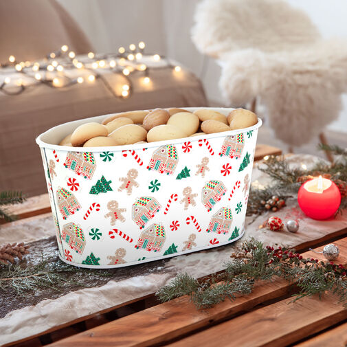 59722B • Karácsonyi fém kosár - házikó mintás - 19 x 11,5 x 9,5 cm