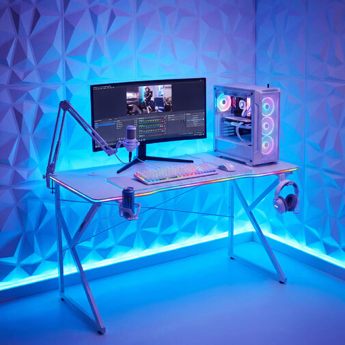 BMD1127WH • Gamer asztal - 120 x 60 x 75 cm - RGB LED, USB, pohártartó, fejhallgató tartó, 15 mm MDF - fehér